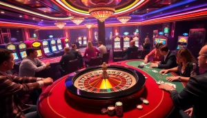 Leci123 engaging casino scene featuring players at poker tables, vibrant slot machines, and roulette wheels.