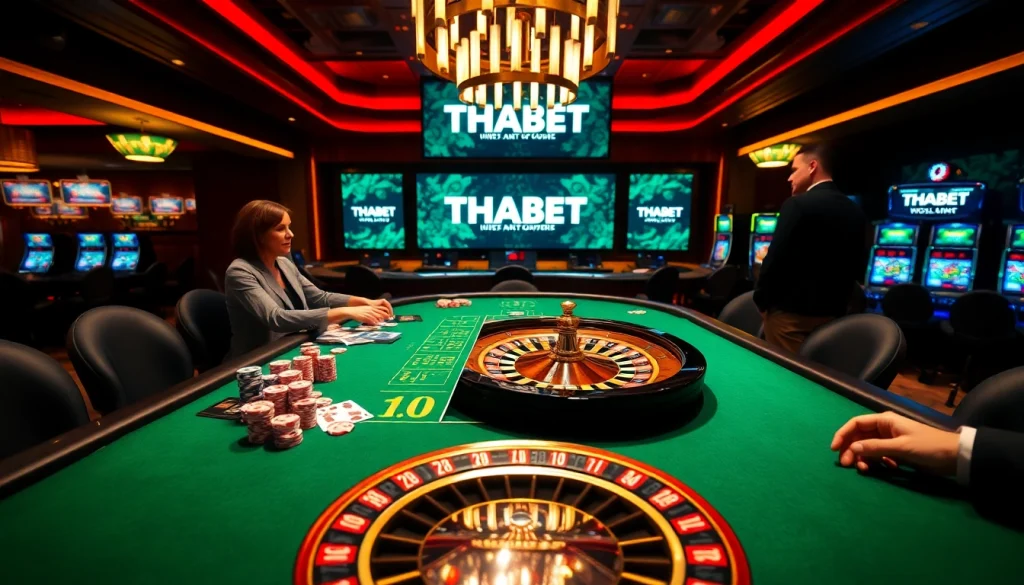 Players enjoying an exciting game at THABET casino table with vibrant poker chips and cards.