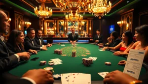 Excited players at a luxurious poker table in a dynamic casino atmosphere featuring gg88biz branding.