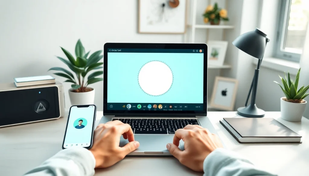 Crop image in circle using an online tool in a modern workspace setup.