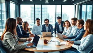 Engaging business professionals collaborating in a modern office setting.