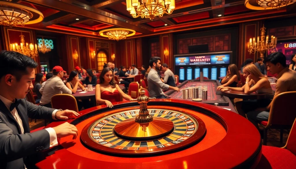 Gambling excitement at U888 Casino with players at roulette and poker tables.