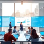 Dynamic workspace featuring Scotia Connect digital interfaces and professionals collaborating on financial analytics.