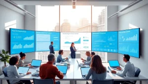 Dynamic workspace featuring Scotia Connect digital interfaces and professionals collaborating on financial analytics.