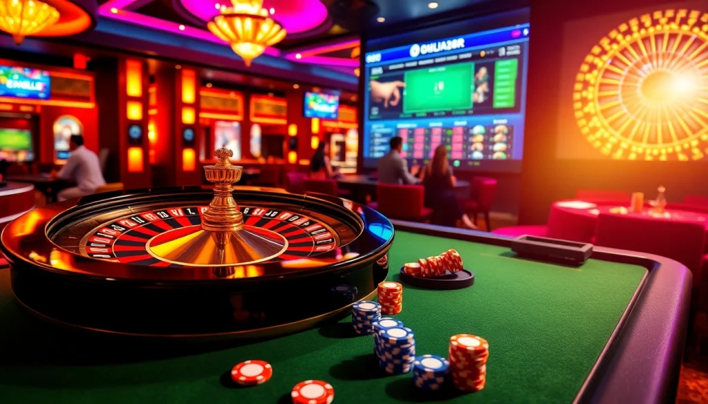 Experience the thrill of betting at Nhà cái DU388 with vibrant casino visuals and immersive gameplay.