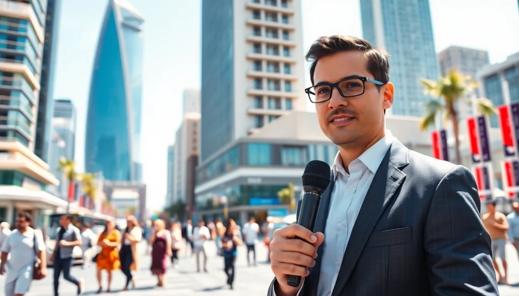 Cover the latest updates from https://emiratenewsday.com featuring a news reporter in a vibrant UAE setting.