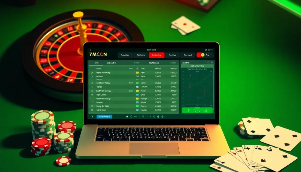 Dynamic online gambling scene with 7mcn scores and betting odds on a laptop.