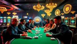 Intense poker game at a luxurious casino highlighting ib88 betting slips and chips.