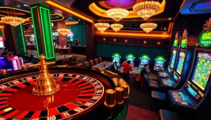 Experience thrilling gameplay with RAJABARONG at a luxurious casino featuring vibrant slot machines and elegant tables.