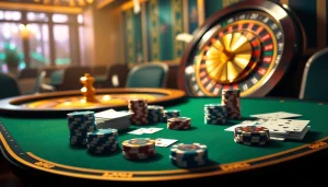 Engaging casino scene highlighting king88 đăng nhập with poker chips, cards, and a roulette wheel.