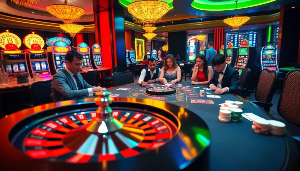 Players engaged in high-stakes gambling with luxury tools in a vibrant casino scene showcasing Tool xổ số siêu tốc.