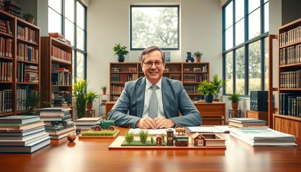 Engaging agricultural law attorney analyzing documents in a bright office.