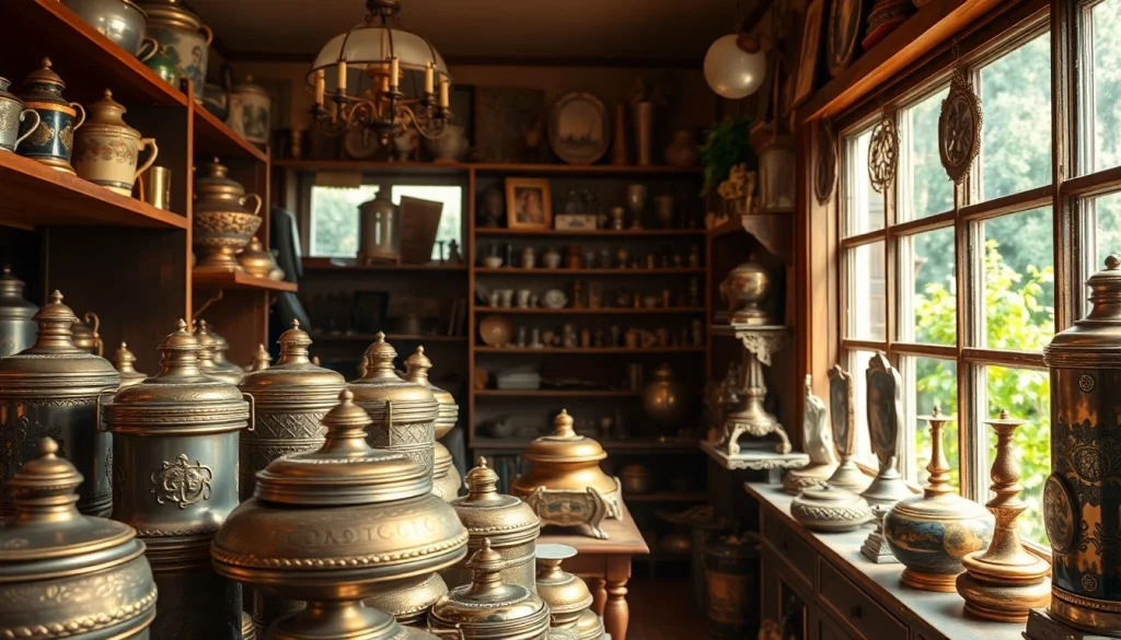 Zinn verkaufen: Entdecken Sie historische Zinnobjekte in einem einladenden Antiquitätengeschäft.