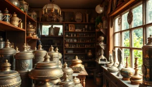 Zinn verkaufen: Entdecken Sie historische Zinnobjekte in einem einladenden Antiquitätengeschäft.