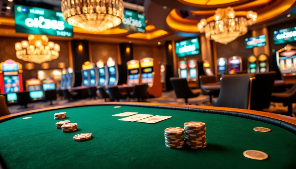Experience the thrill of gambling at OK365 with a vibrant casino scene showcasing poker tables and slot machines.