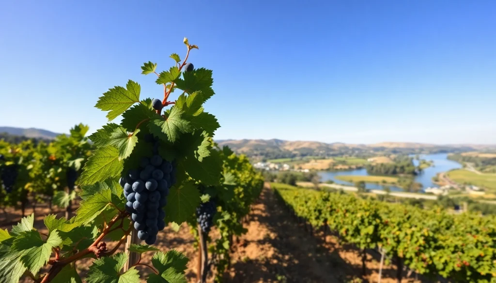 Carksburg CA riverside vineyards with scenic hills and clear blue sky.