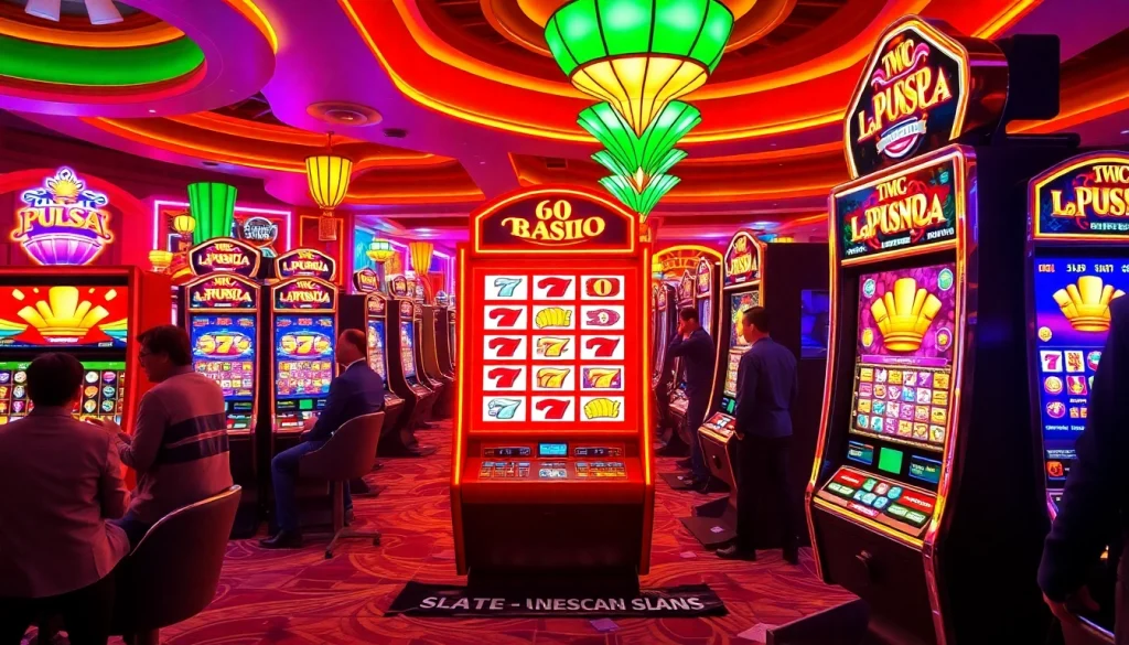 Para pemain menikmati mesin slot pulsa di kasino yang penuh warna dengan atmosfer yang meriah.