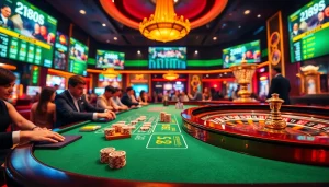 Experience U888's thrilling gaming atmosphere with live tables, vibrant poker chips, and an elegant roulette wheel.