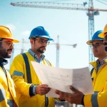 Construction association professionals engaging in teamwork on a busy building site.