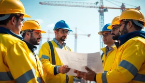 Construction association professionals engaging in teamwork on a busy building site.