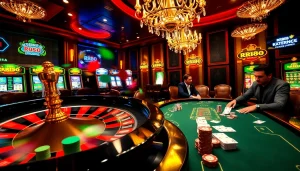 RR88 casino scene with vibrant roulette wheel, players at poker table, and glowing slot machines
