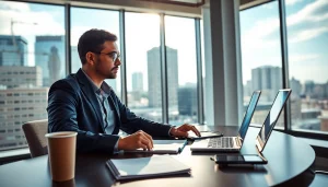 Capture of a journalist engaged with the Tampa Free Press, in a bright modern newsroom.