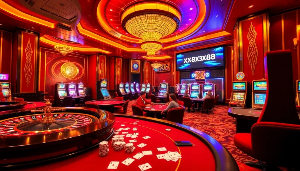 Gambling enthusiasts enjoying a vibrant casino atmosphere at xx88 with poker tables and slot machines.