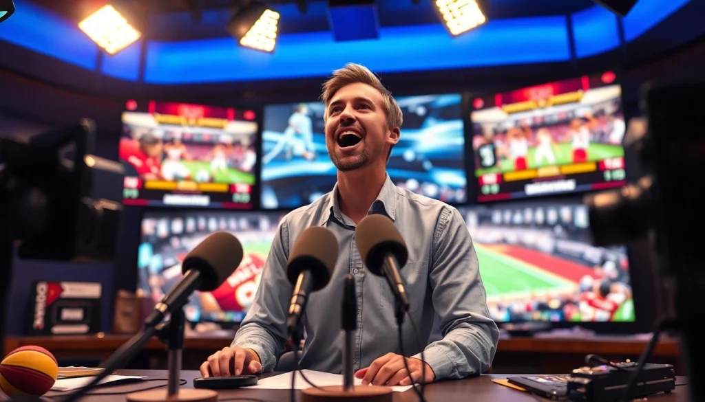 Sports Broadcasting host engaging with audience in a lively studio setting.