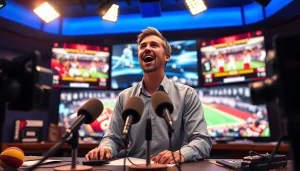 Sports Broadcasting host engaging with audience in a lively studio setting.