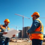 Collaborative construction workers embodying the construction association Colorado ethos with teamwork and safety.