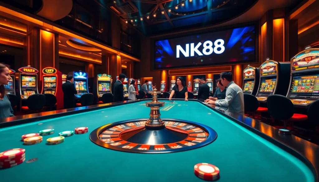 NK88 prominently displayed at a luxurious casino table with engaging players and vibrant poker chips.