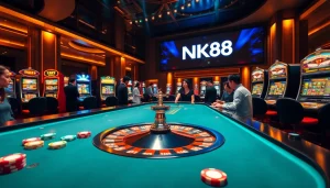 NK88 prominently displayed at a luxurious casino table with engaging players and vibrant poker chips.