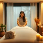 출장안마 service with a professional masseuse in a serene home setting, ready for a relaxing session.