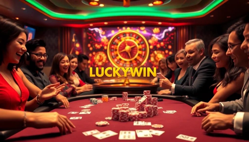 Experience the excitement of LUCKYWIN at a high-stakes poker table with vibrant chips and cards.
