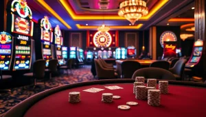 MM88 casino scene showcasing an exciting poker game with vibrant slot machines.