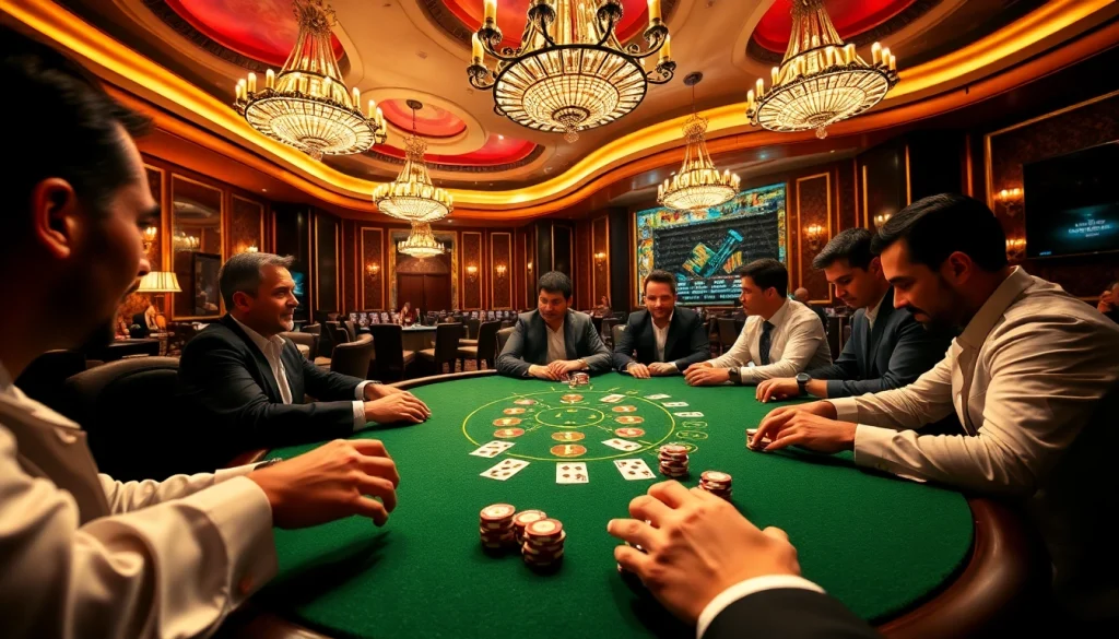 กำลังเล่นบาคาร่าในคาสิโนสุดหรูที่ผู้เล่นแต่งกายอย่างมีสไตล์