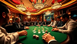 กำลังเล่นบาคาร่าในคาสิโนสุดหรูที่ผู้เล่นแต่งกายอย่างมีสไตล์