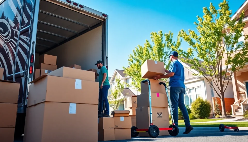Calgary movers efficiently packing a truck on a sunny day in a residential neighborhood.