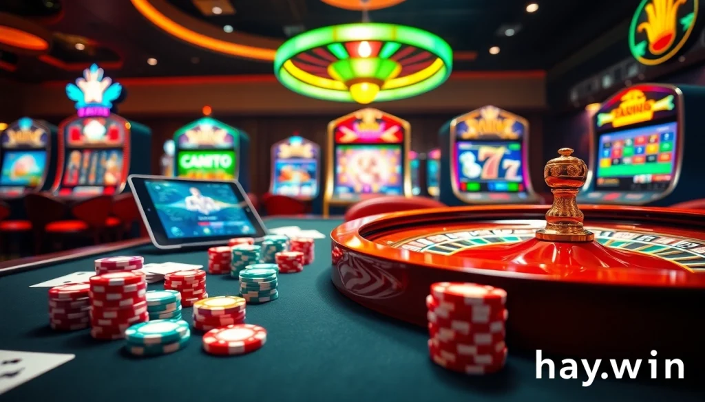 Experience the thrill of gaming at hay.win with vibrant casino elements including roulette, poker chips, and slot machines.