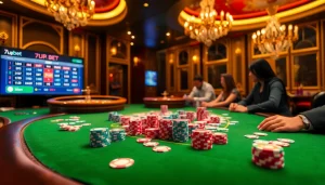 High-stakes gambling at a luxurious casino table featuring 7upbet betting options and vibrant poker chips.