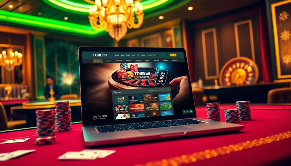 Tobet88: Engaging gamblers in a vibrant online casino setting with poker chips, cards, and a roulette wheel.
