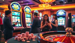 Para pemain menikmati slot pulsa di mesin slot kasino mewah, berinteraksi dengan layar berwarna-warni.