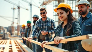 Construction workers showcasing Careers in construction skills, with teamwork on a vibrant building site.