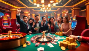 Merayakan kemenangan Datuk Win di kasino mewah dengan roulette, chip poker, dan kebahagiaan.
