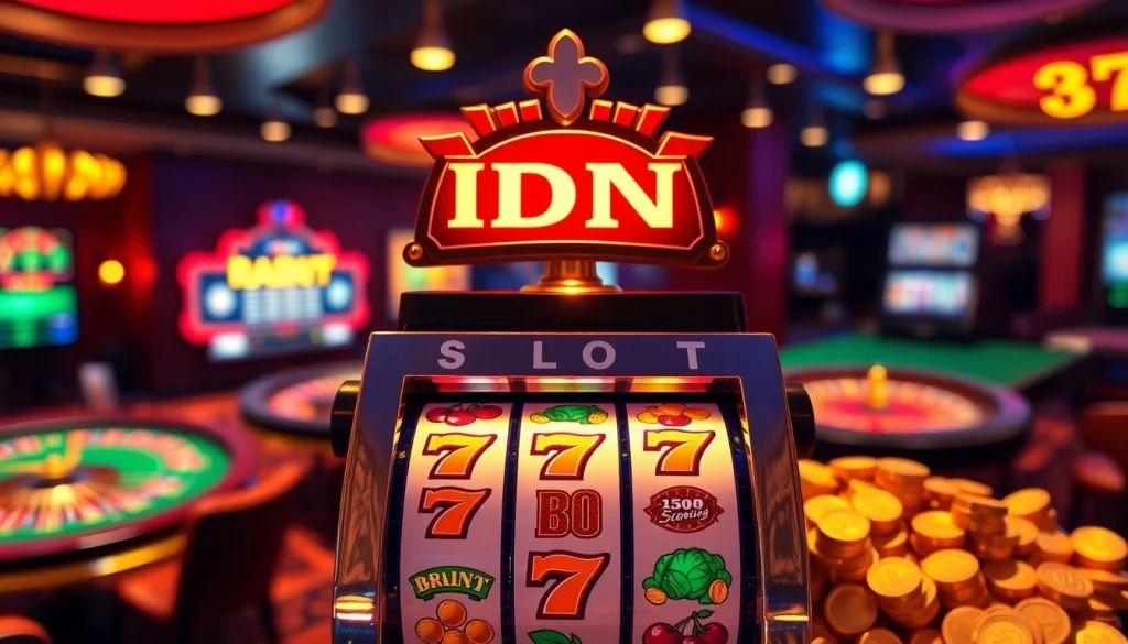 Experience the thrill of idn slot with a luxurious casino scene featuring a vibrant slot machine.