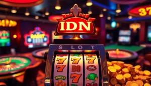 Experience the thrill of idn slot with a luxurious casino scene featuring a vibrant slot machine.