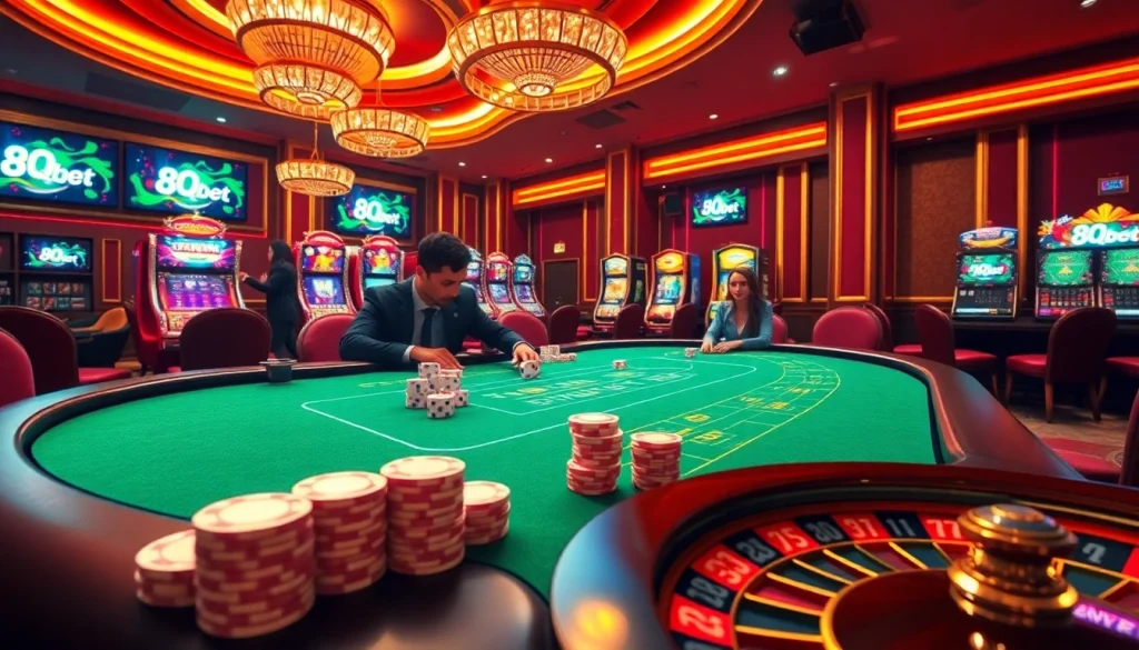 Experience the thrill of gambling with the 8qbet logo visible on vibrant casino tables and activities.