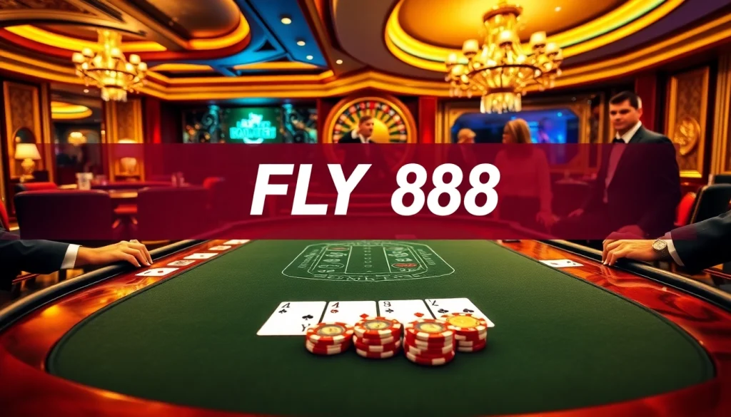 FLY 88 showcases an exciting blackjack table scene with players enjoying luxury casino gaming.