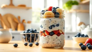 Enjoy delicious layered overnight oats in a mason jar at https://masonjarbreakfast.com, showcasing vibrant fresh fruits.