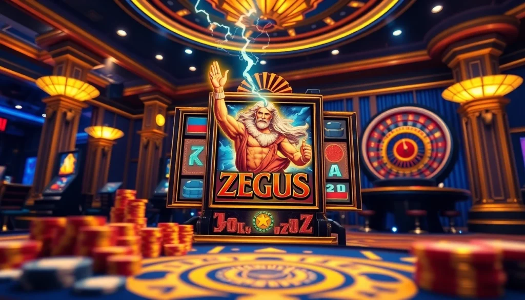 Pemain menikmati permainan Slot Zeus dalam suasana kasino yang hidup dengan dekorasi mewah.